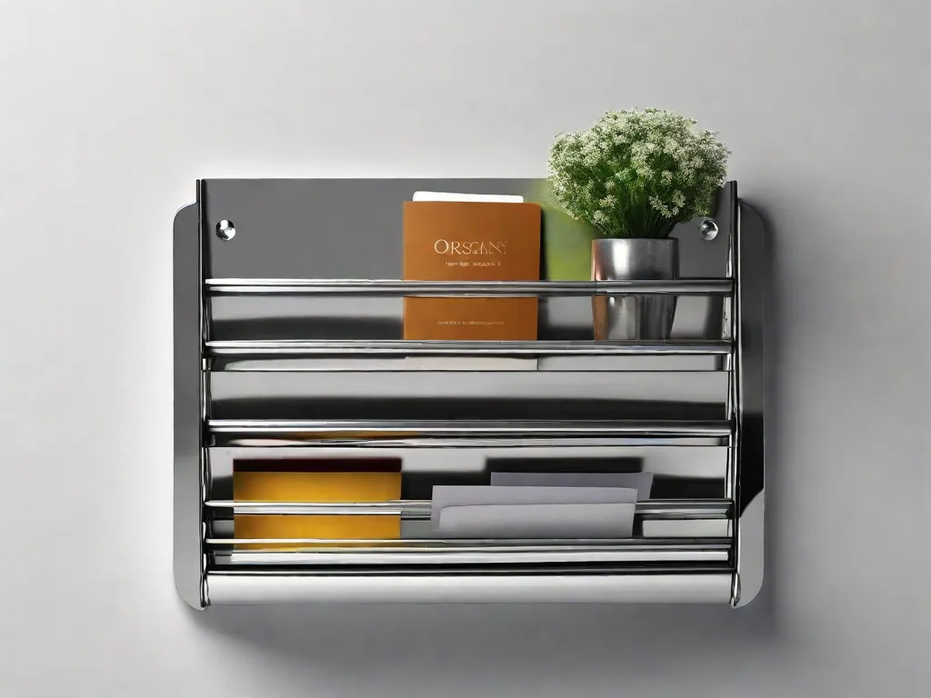 Descrição: Um elegante e moderno suporte de parede para correspondências feito de metal polido. Seu design minimalista possui vários compartimentos, cada um rotulado com diferentes categorias, como contas, convites e correspondências. O suporte é fixado em uma parede branca limpa, adicionando um toque de organização e elegância a qualquer espaço.