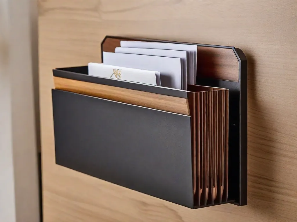 Descrição: Um elegante suporte de parede para cartas feito de metal e madeira polida. O design possui vários compartimentos e fendas, oferecendo uma solução elegante e organizada para armazenar e exibir cartas, contas e outros documentos importantes. Sua estética minimalista adiciona um toque de sofisticação a qualquer decoração de casa ou escritório.