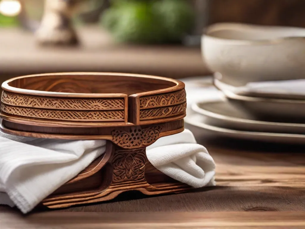 Um porta-guardanapos de madeira repousando sobre uma mesa de madeira rústica, lindamente trabalhado com entalhes intricados. Os tons quentes da madeira adicionam um toque de elegância à configuração da mesa, enquanto os compartimentos no porta-guardanapos organizam de forma ordenada os guardanapos dobrados, prontos para serem usados durante uma refeição deliciosa.