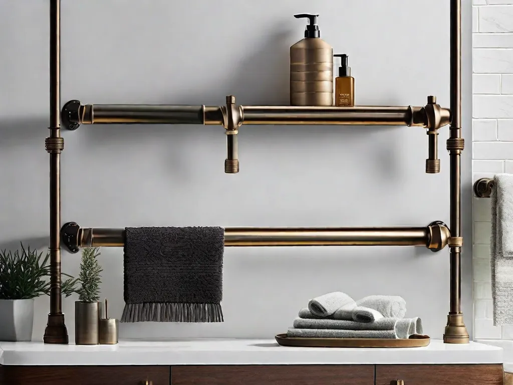Um acessório de banheiro elegante e moderno, este projeto DIY apresenta um elegante suporte de toalhas feito de tubos de ferro. A imagem mostra um design minimalista com linhas limpas e acabamento metálico, adicionando um toque industrial a qualquer decoração de banheiro. Perfeito para organizar e exibir toalhas de maneira elegante e funcional.