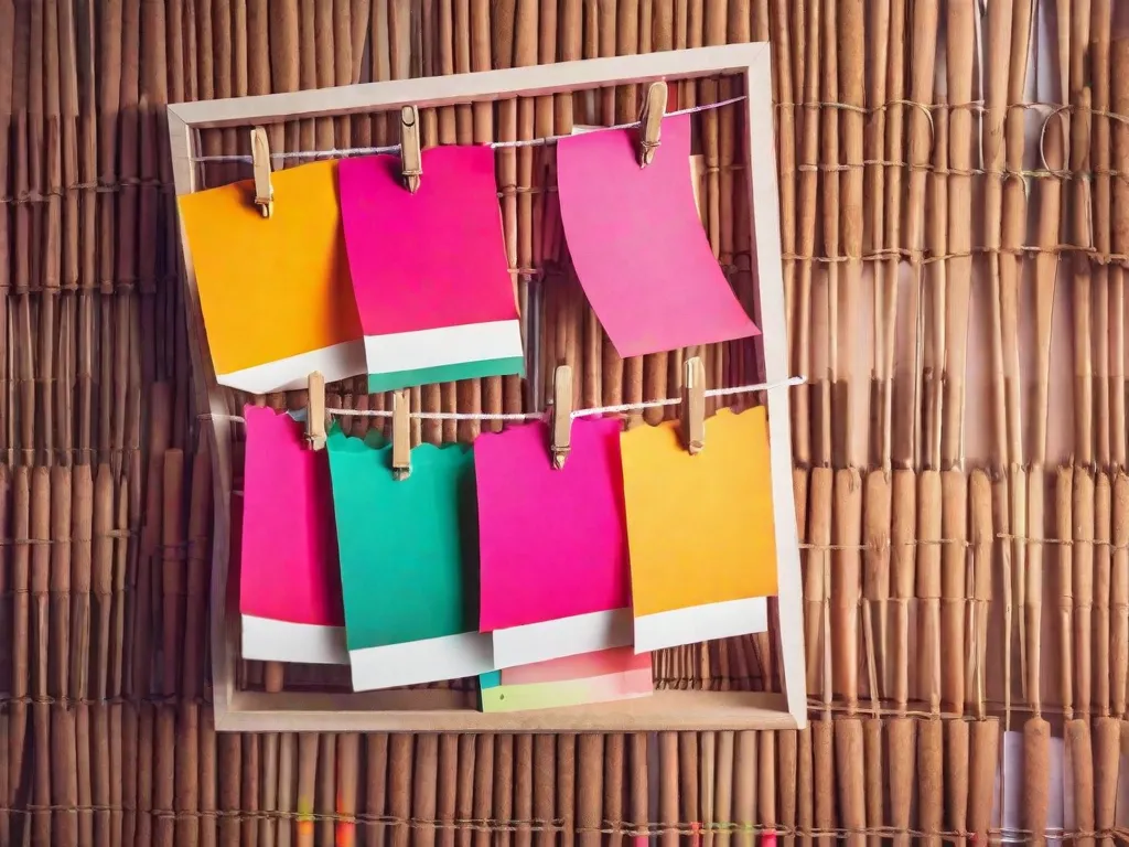 Descrição da Imagem: Uma imagem em close-up de uma prancheta de madeira pendurada em uma parede. A prancheta está adornada com pregadores de roupa coloridos, cada um segurando um pequeno pedaço de papel com anotações escritas à mão. As anotações variam em conteúdo, desde lembretes e listas de tarefas até citações inspiradoras e mensagens.