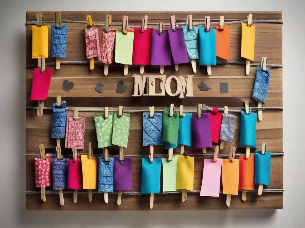 Descrição: Uma imagem em close-up de um quadro de recados DIY feito com pregadores de roupa. O quadro é coberto por um tecido colorido e possui vários pregadores de roupa presos a ele. Cada pregador de roupa segura um pequeno bilhete ou lembrete, criando uma maneira prática e estilosa de acompanhar tarefas importantes e mensagens.