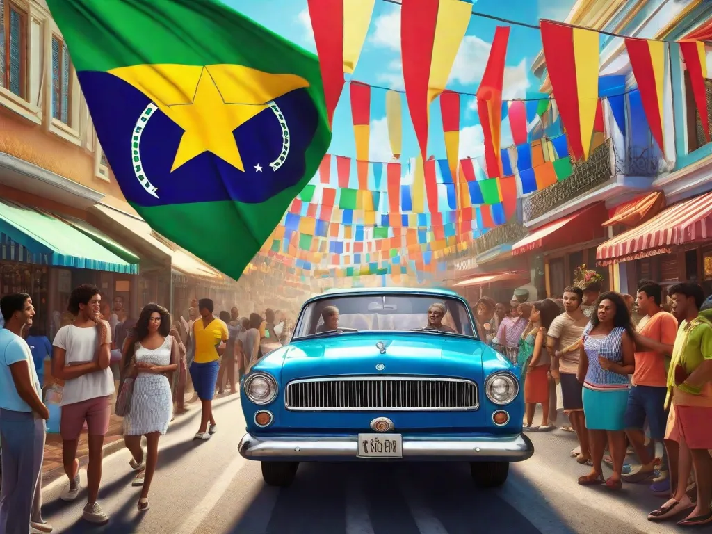 Uma imagem vibrante mostra uma rua movimentada no Brasil, adornada com bandeiras coloridas e música animada. Pessoas de diferentes origens são vistas envolvidas em conversas, suas expressões animadas refletindo a rica tapeçaria da sociedade brasileira. A cena captura a essência das novelas brasileiras, que espelham as dinâmicas sociais e a cultura popular do país.
