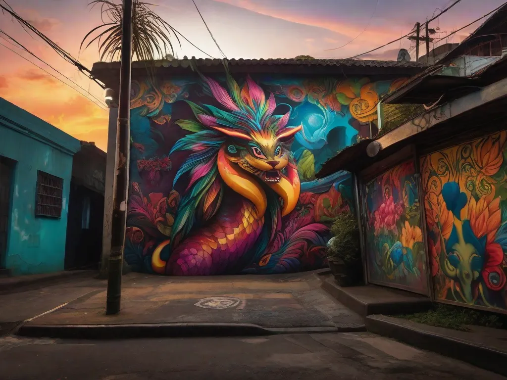 Uma ruela mal iluminada em uma antiga cidade brasileira, com grafites coloridos adornando as paredes. Em primeiro plano, a silhueta de uma figura misteriosa usando um chapéu e um manto, adicionando um ar de intriga e encantamento às lendas urbanas que cercam a área.