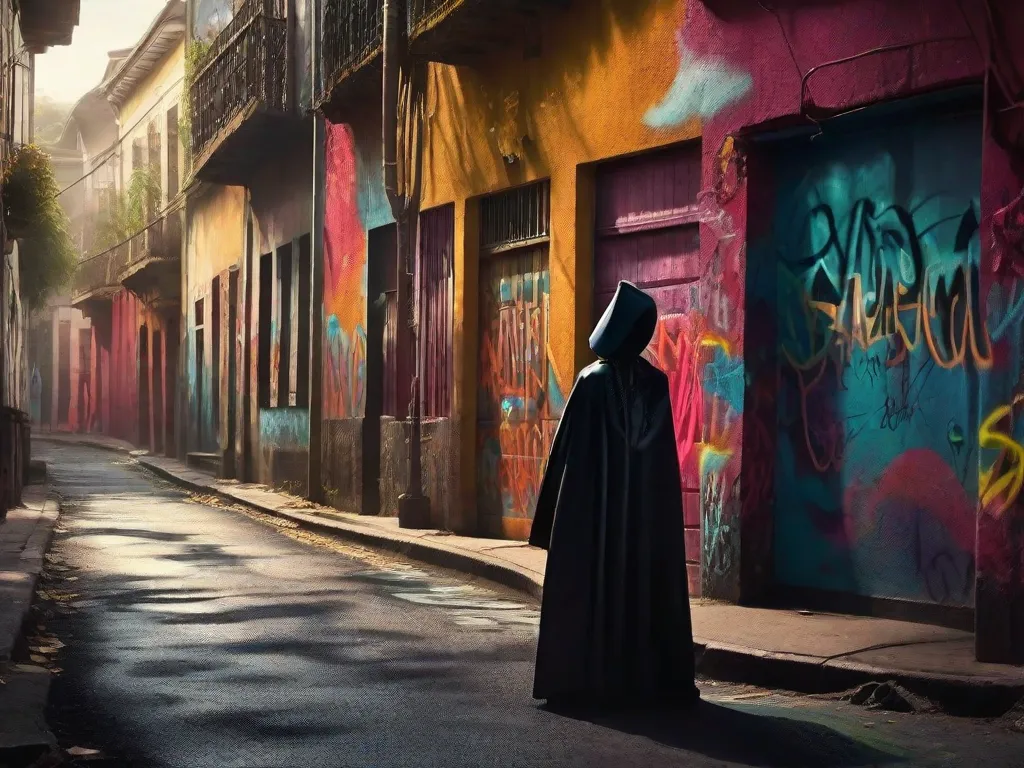 Uma ruela mal iluminada em uma antiga cidade brasileira, com grafites coloridos adornando as paredes. Em primeiro plano, a silhueta de uma figura misteriosa usando um chapéu e um manto, adicionando um ar de intriga e encantamento às lendas urbanas que cercam a área.