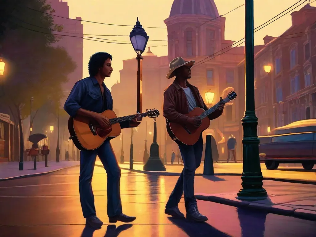 Uma rua mal iluminada à noite, com um guitarrista solitário parado sob um poste de luz. Seus dedos dedilham suavemente as cordas, enquanto sua serenata soulful enche o ar. Casais caminham de mãos dadas, cativados pelas melodias românticas que ecoam pela cidade, abraçando a essência da música brasileira.
