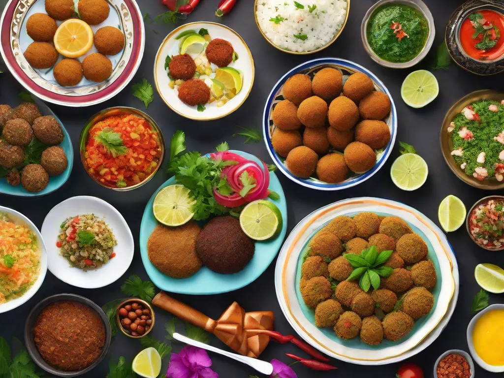 Uma imagem vibrante mostrando a influência da cultura árabe na culinária brasileira: uma variedade colorida de pratos deliciosos, como quibe, falafel, tabule e baklava, lindamente apresentados em uma mesa decorada com motivos árabes. A fusão de sabores e tradições simboliza o rico intercâmbio cultural entre o Brasil e o mundo árabe.