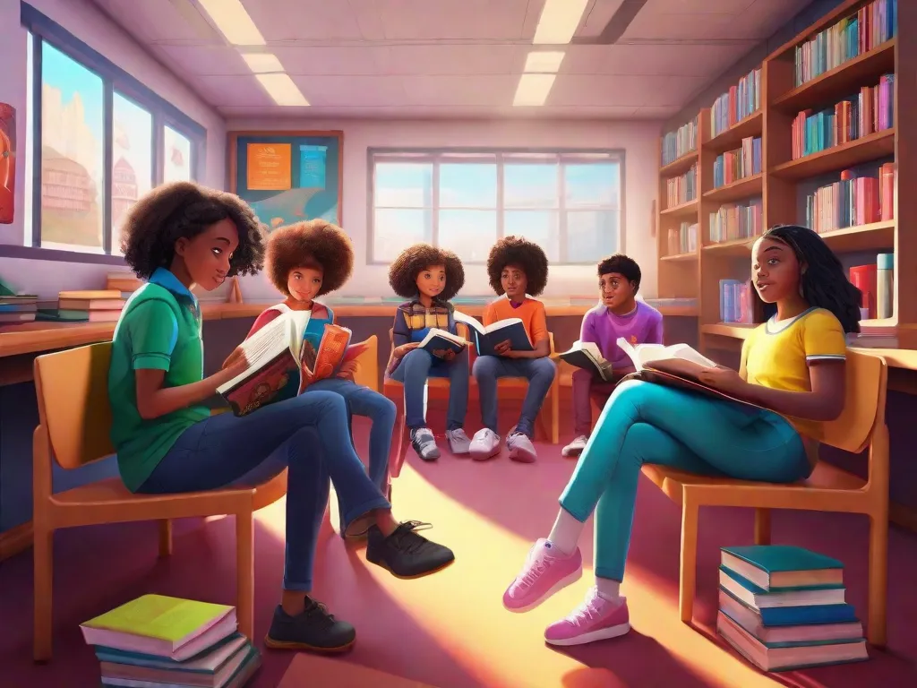 Descrição da imagem: Um grupo de estudantes diversos sentados em uma sala de aula, lendo livros de gêneros diferentes com entusiasmo. A sala está cheia de pôsteres coloridos e prateleiras repletas de livros, criando um ambiente de aprendizado vibrante e envolvente. Os estudantes têm expressões de curiosidade e empolgação enquanto se imergem no mundo da literatura