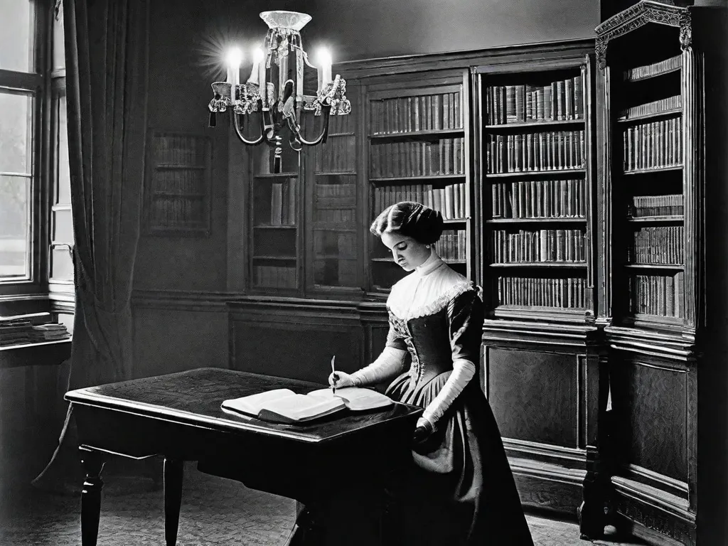 Descrição da imagem: Uma fotografia em preto e branco de um quarto com pouca iluminação, com móveis e decoração vintage. A atmosfera lembra o século XIX, com uma sensação de mistério e intriga. A imagem captura a essência de 