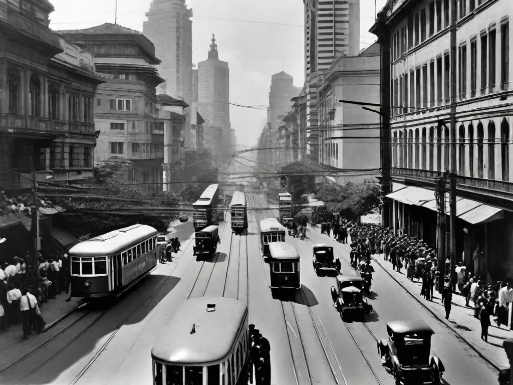 Uma fotografia em preto e branco capturando as movimentadas ruas de São Paulo no início do século XX. Arranha-céus altos se erguem contra o céu, enquanto automóveis e bondes navegam pela cidade movimentada. A imagem retrata a energia vibrante e a modernidade retratadas em 