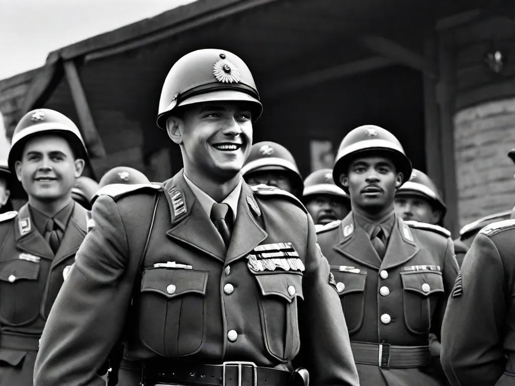 Uma fotografia em preto e branco de um soldado em pé orgulhosamente em seu uniforme, com um sorriso travesso no rosto. Atrás dele, um grupo de civis está rindo e apontando para ele, destacando a ironia de seu papel como sargento em meio a uma situação cômica.
