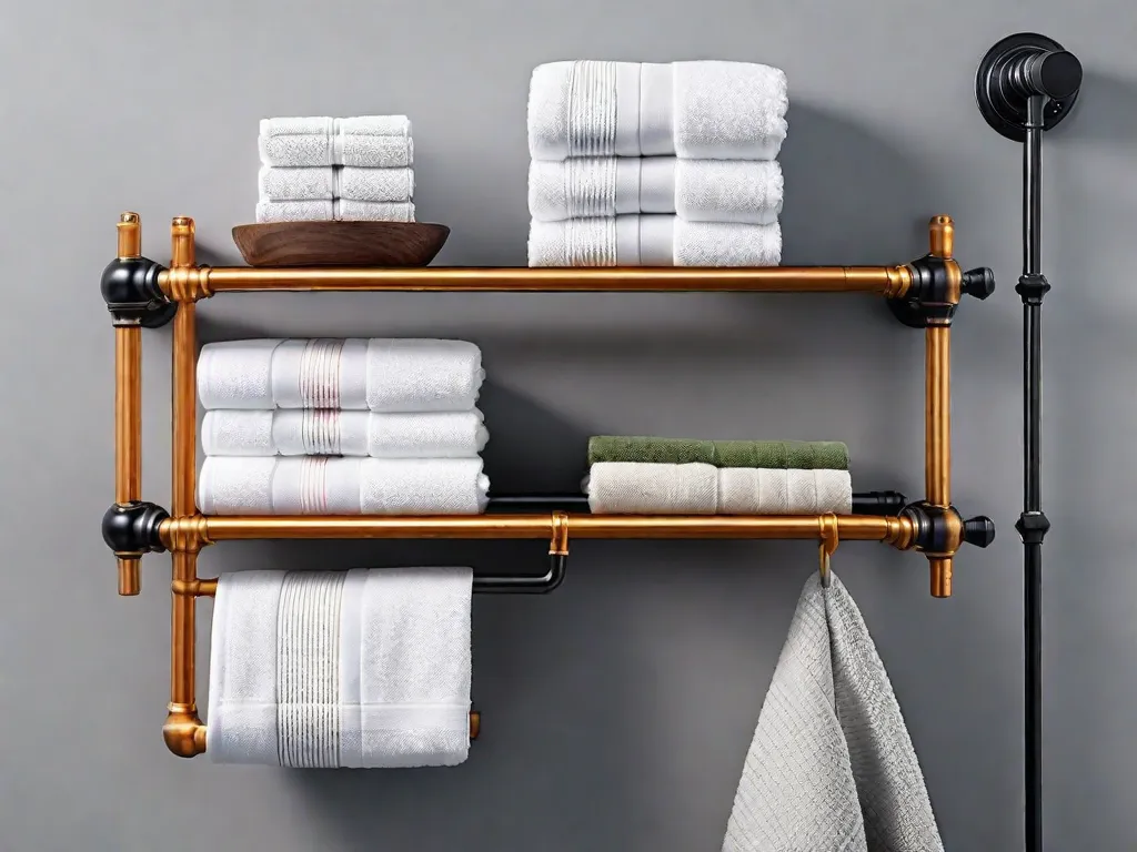 Descrição: Um suporte de toalha para banheiro elegante e moderno feito de tubos de ferro robustos. O design apresenta uma barra horizontal com vários tubos verticais acoplados, criando uma solução de armazenamento única e funcional para toalhas. O visual industrial adiciona um toque de estilo contemporâneo a qualquer decoração de banheiro.