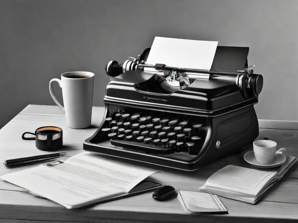 Uma fotografia em preto e branco de uma mesa bagunçada com uma máquina de escrever, uma pilha de papéis e uma caneca de café. A cena captura a essência da vida cotidiana de Luis Fernando Verissimo enquanto ele escreve suas crônicas perspicazes e humorísticas, refletindo os momentos comuns, porém extraordinários, de nossas vidas diárias.