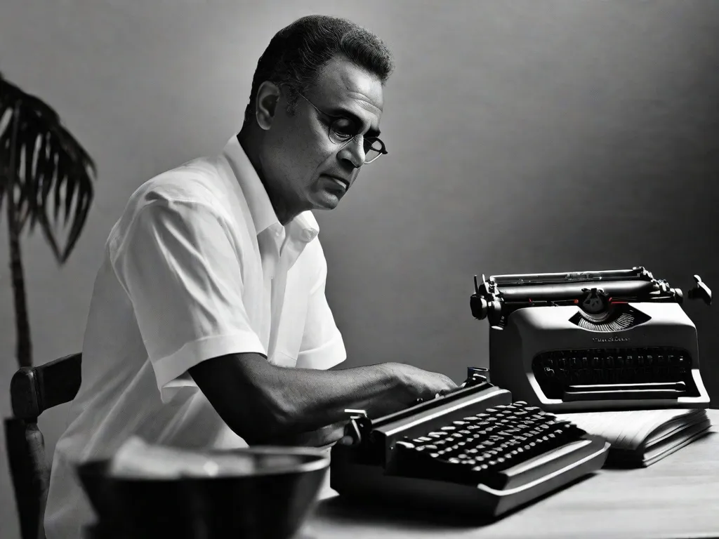 Uma fotografia em preto e branco de Vinicius de Moraes, um poeta e compositor brasileiro, sentado em uma mesa pouco iluminada com uma máquina de escrever à sua frente. A imagem captura sua expressão contemplativa enquanto ele se imerge na beleza das palavras, incorporando a essência poética que definiu seu trabalho.